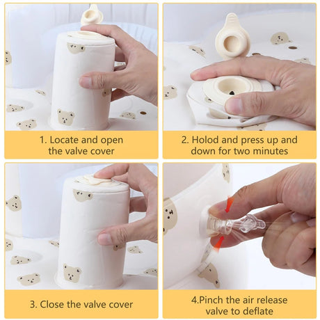 Step-by-step instructions on using a valve cover with a white background featuring teddy bear patterns.