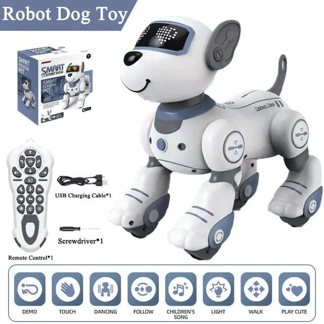 Robot dog toy with remote control, USB cable, screwdriver, and packaging.