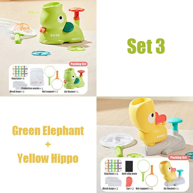 Set of green elephant and yellow hippo bath toys with packaging.