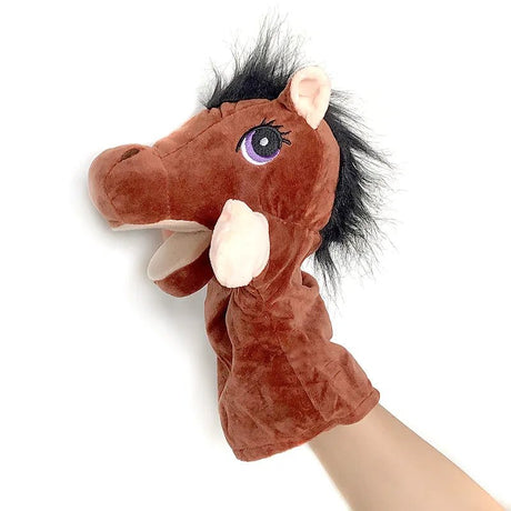 Plush horse puppet held by a hand.