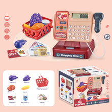 Toy cash register set with groceries and packaging.