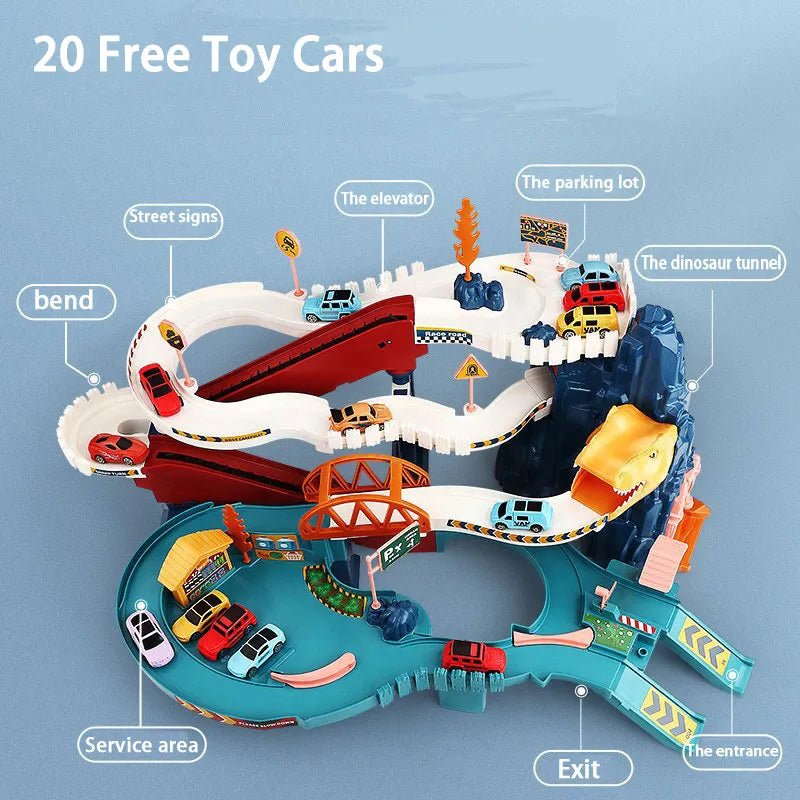 Toy car track set with various features labeled