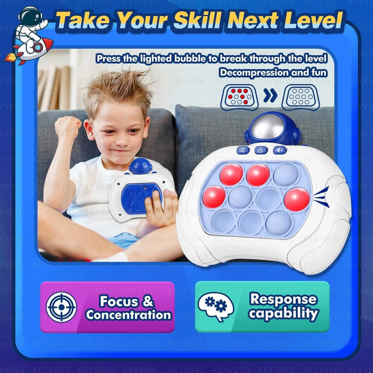 Child playing with a bubble pop toy, surrounded by promotional text and graphics.