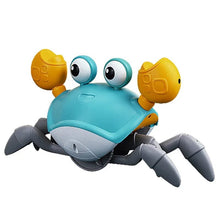 Rechargeable Induction Crab Toy with blue body and yellow claws for toddler chase games and interactive floor play.