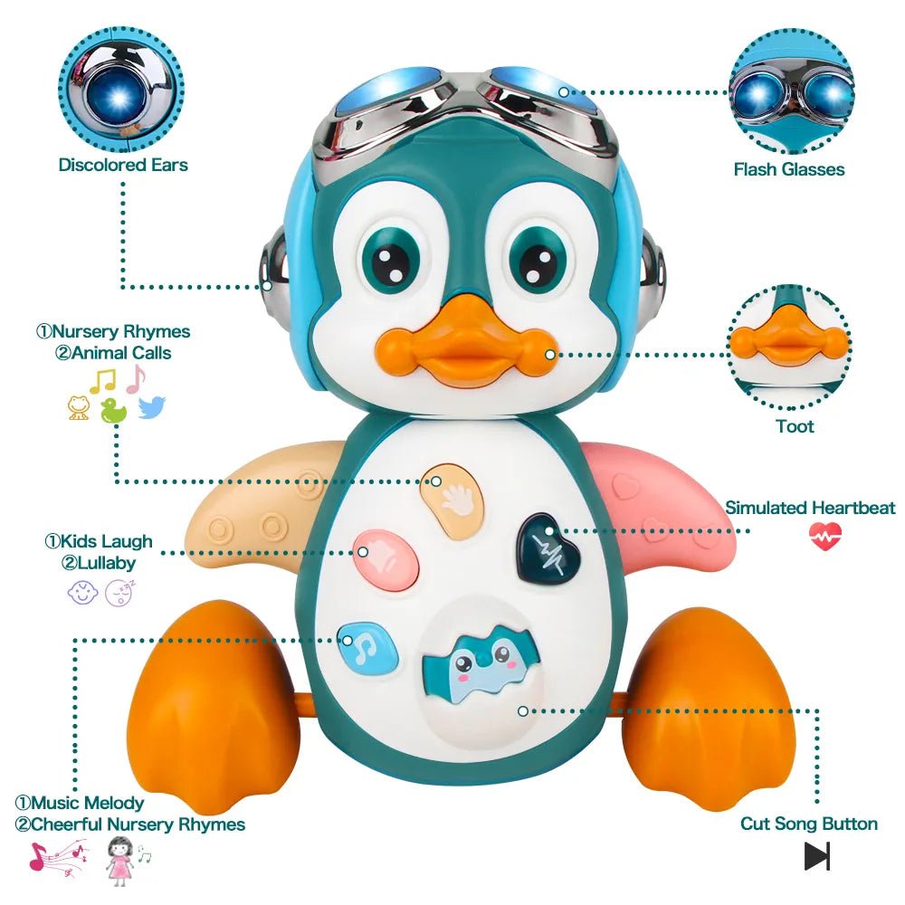 Toy penguin with features highlighted.