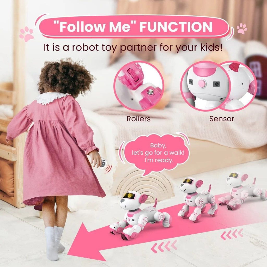 Robot toy with 'Follow Me' function for children, featuring rollers and Sensor, with a child in a pink dress interacting with it.