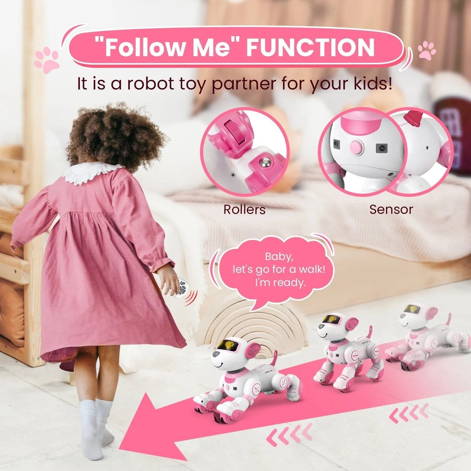 Robot toy with 'Follow Me' function for children, featuring rollers and Sensor, with a child in a pink dress interacting with it.