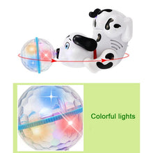 Toy dog with a ball that has colorful lights.