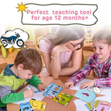 Children and a woman playing with educational cards on the floor, with text indicating it's a perfect teaching tool for age 12 months and a motorcycle icon.