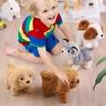 Child playing with plush toy dogs on a wooden floor
