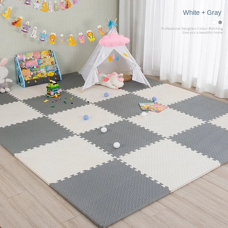 Playroom with interlocking foam mats, toys, and a teepee.