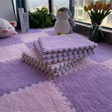 Purple interlocking foam mats on a checkered floor with a penguin toy and flowers.