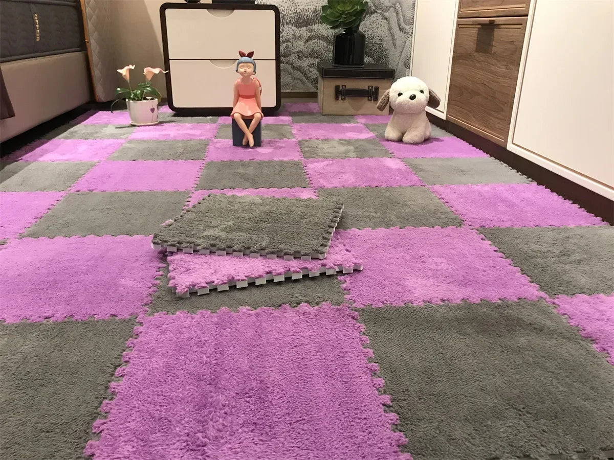 Checkered foam mats in gray and purple on a floor with decorative items.