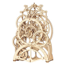 Close-up of interlocking wooden gears in the 3D puzzle model kit for exploring how gear ratios work during play.