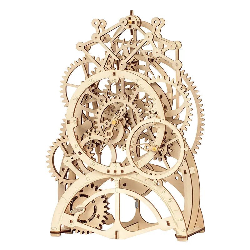 Close-up of interlocking wooden gears in the 3D puzzle model kit for exploring how gear ratios work during play.
