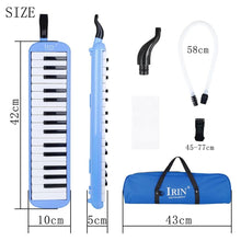 IRIN Melodica Keyboard in blue and white with size chart for kids music learning sessions.