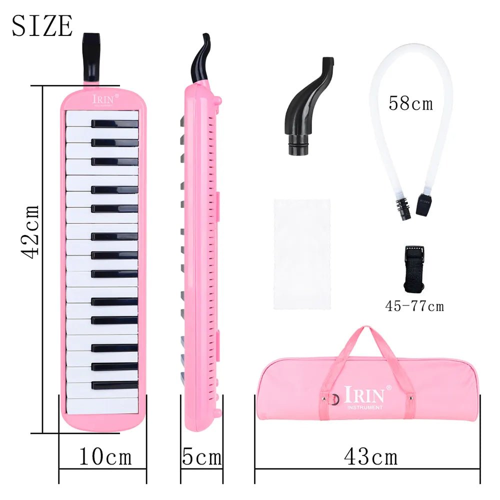 IRIN Melodica Keyboard in pink and white with dimensions and carrying bag for kids music play.