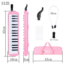 IRIN Melodica Keyboard in pink and white with dimensions and carrying bag for kids music play.