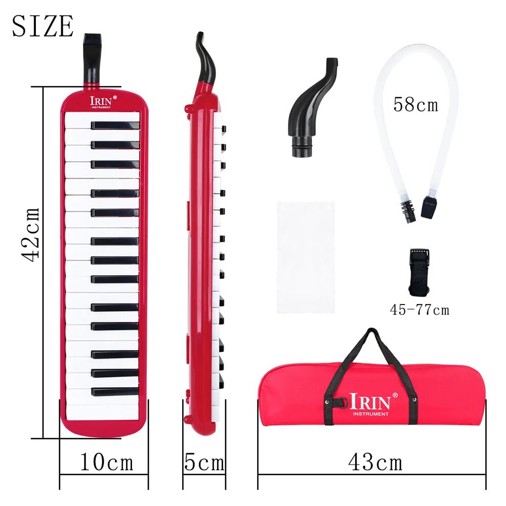 IRIN Melodica Keyboard in red and white with carrying bag accessories and dimensions for music practice.