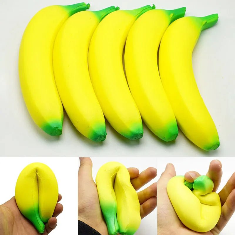 Set of Jumbo Squishy Banana Toys with green tips for slow-rising stress relief play and gifting.