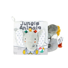 Jungle Animals plush cloth baby book as a soft sensory toy for newborn gifting and cot-side play.