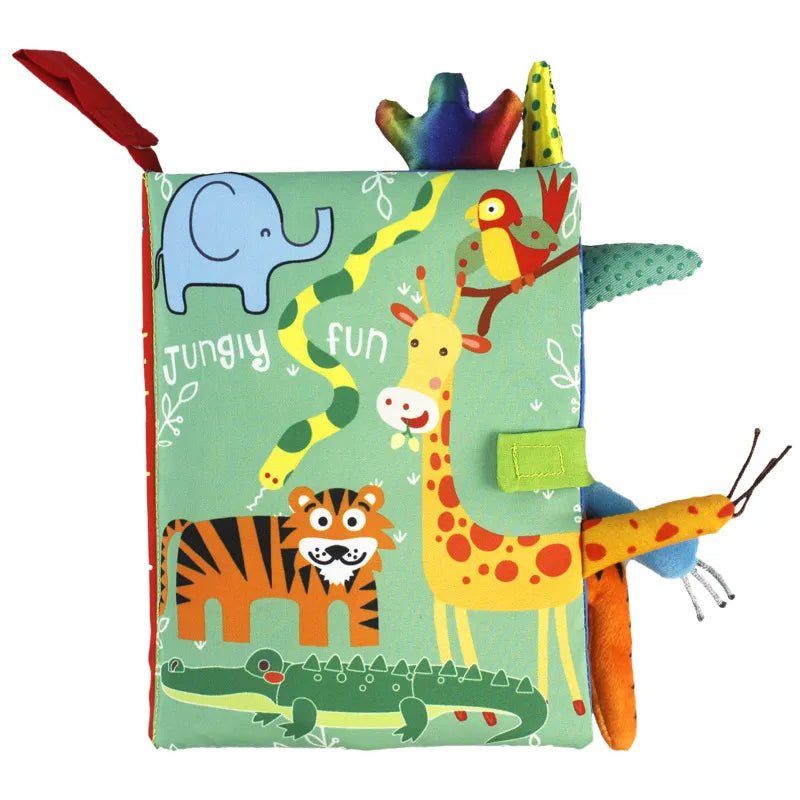 Children's soft book with jungle-themed illustrations and toys on a white background