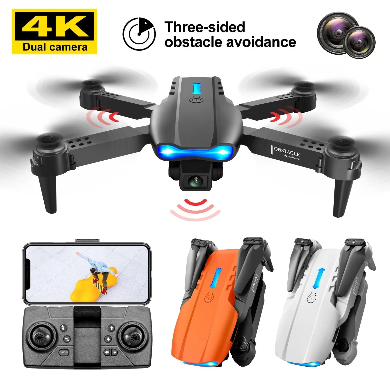 K3/E99 foldable drone 4K dual camera with three-sided obstacle avoidance for safe hobby flying.