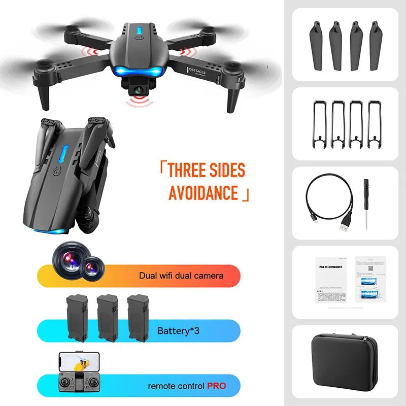 K3/E99 foldable drone accessory kit with charging cable and remote control for everyday flying.
