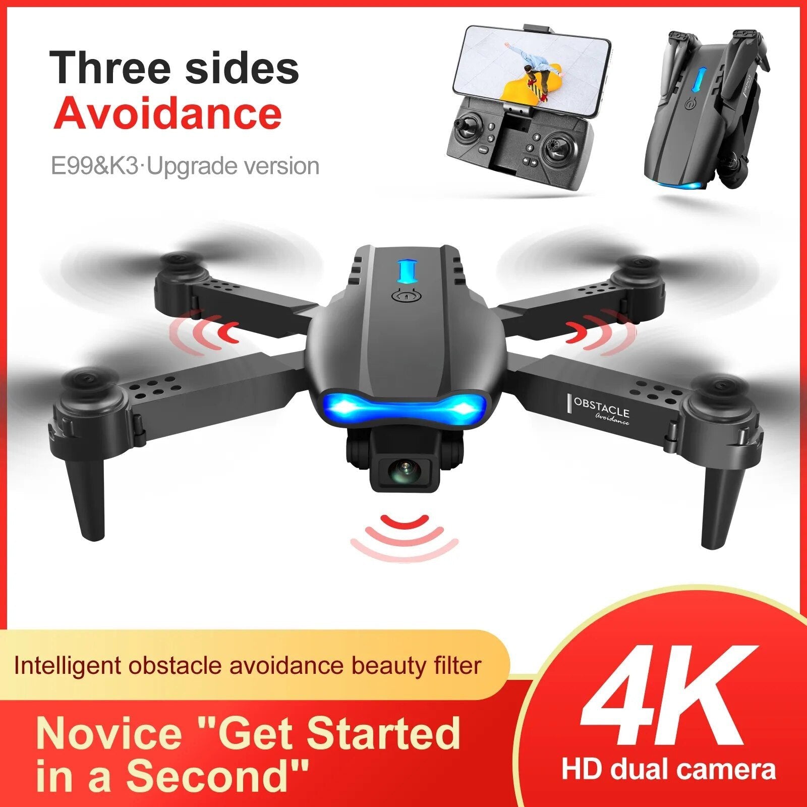 K3/E99 foldable drone black variant with 4K camera and obstacle sensors for aerial photography.