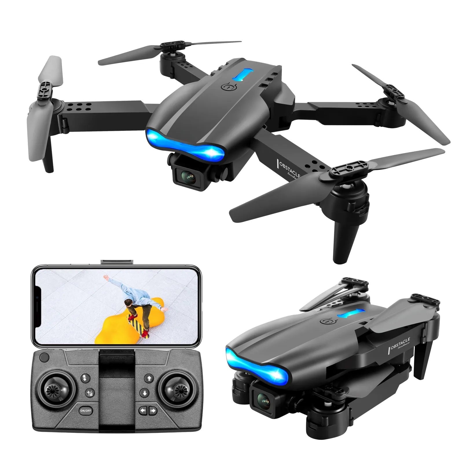 K3/E99 foldable drone with blue LED lights and smartphone app controller for live FPV flying.