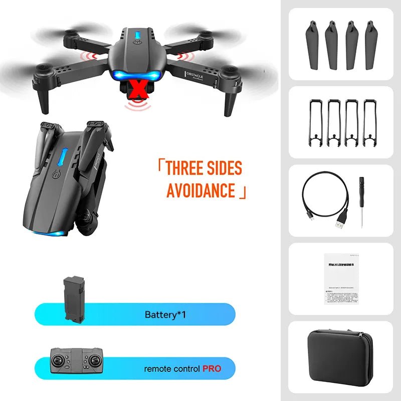 K3/E99 foldable drone full kit with propellers, battery, remote control, and carrying case for RC flying.