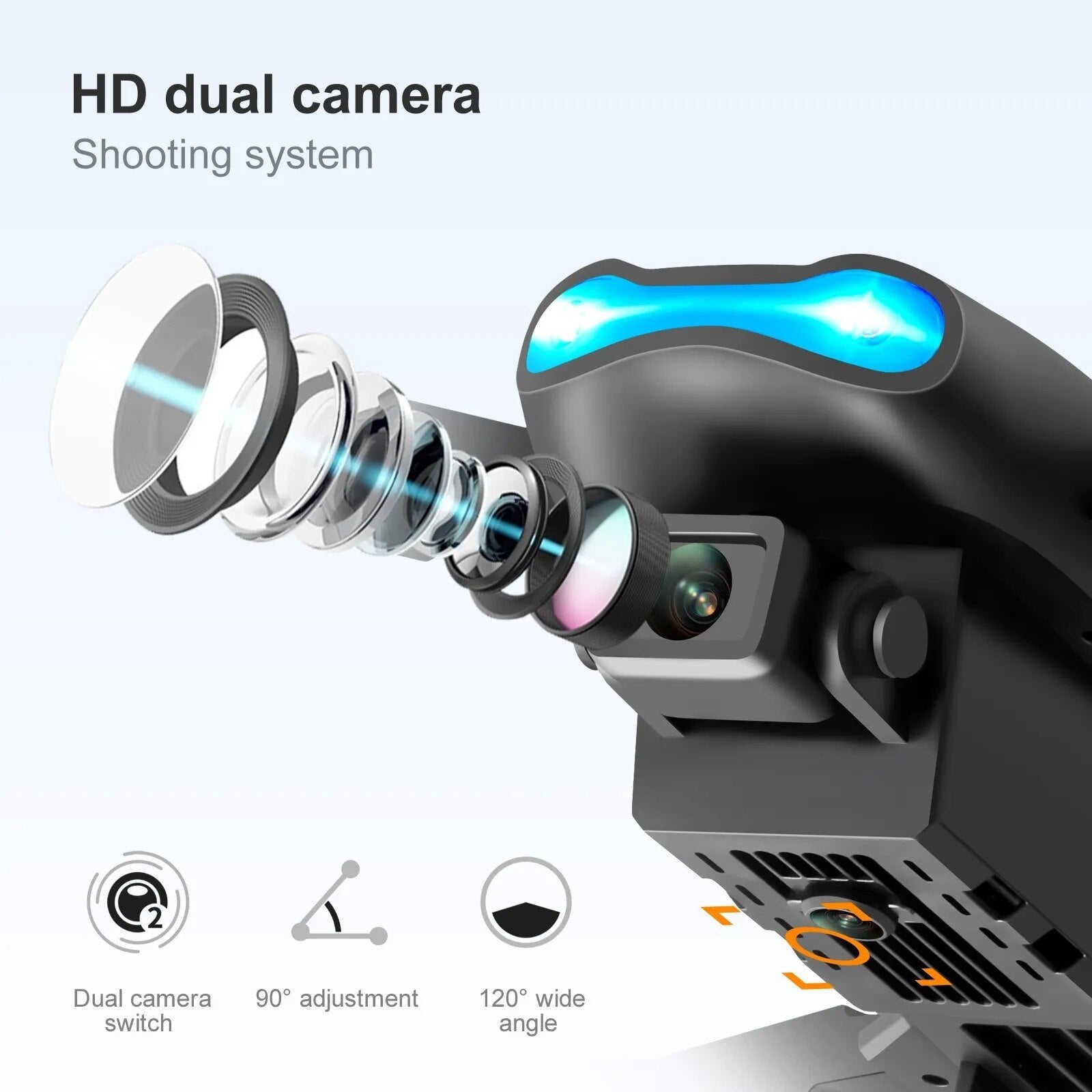K3/E99 foldable drone HD dual camera lens system for close-range FPV photography and video.