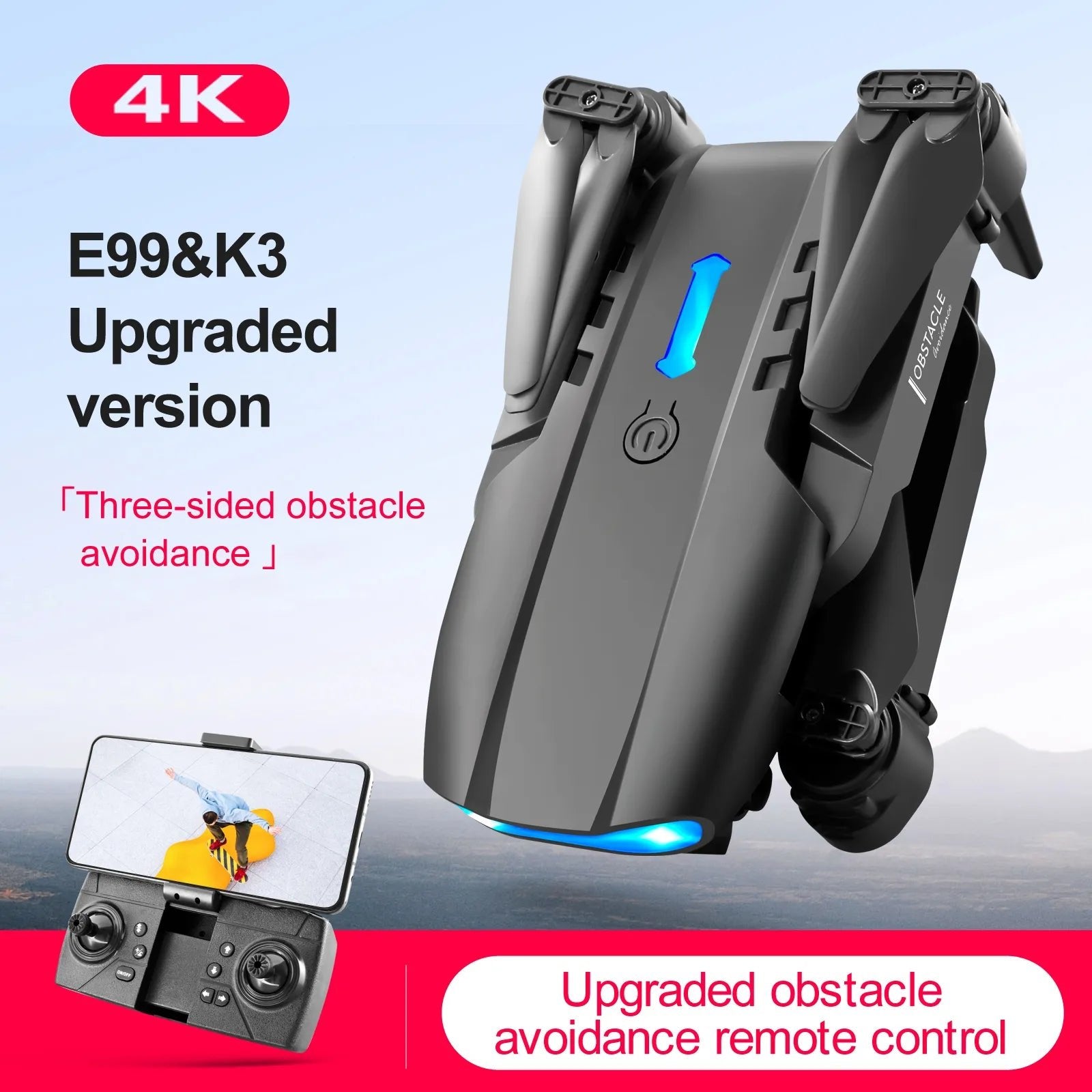 K3/E99 foldable drone smartphone holder with remote control for augmented reality FPV flying and gaming.