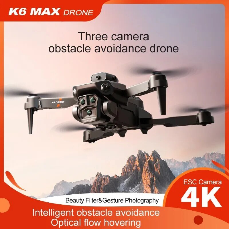 K6 MAX Triple-Camera Drone flying over a mountainous landscape for scenic 4K aerial footage.