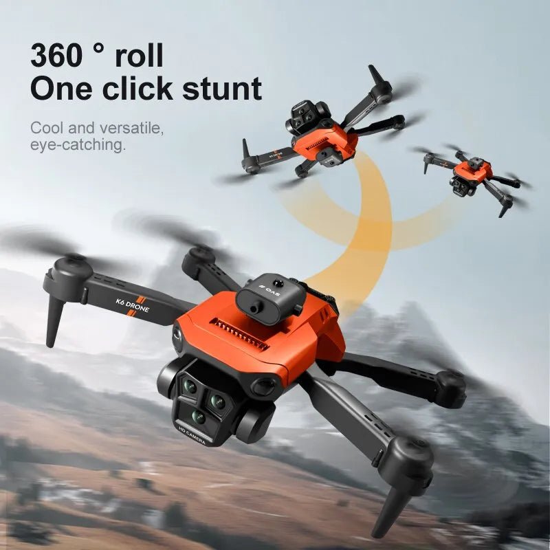 K6 MAX Drone in orange and black performing a 360-degree roll for obstacle avoidance flight demos.