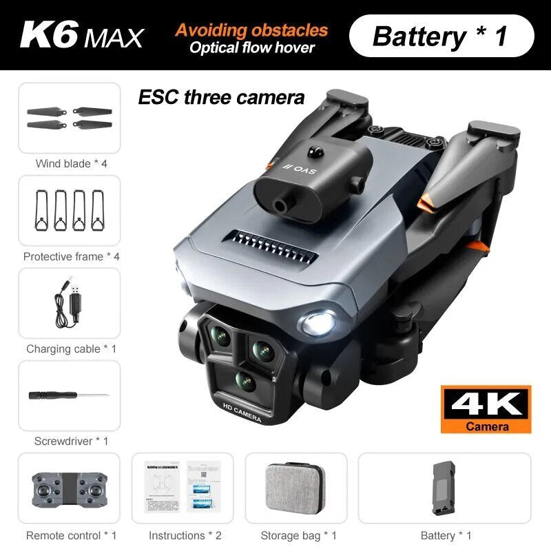 K6 MAX Drone specification highlights shown on a studio background for 4K HD flying.