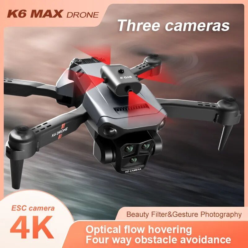 K6 MAX Drone triple-camera lens close-up for capturing multi-angle 4K aerial video.