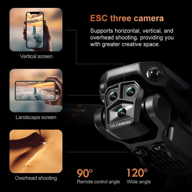 K6 MAX Drone triple-lens camera showing different shooting angles for 4K HD aerial capture.