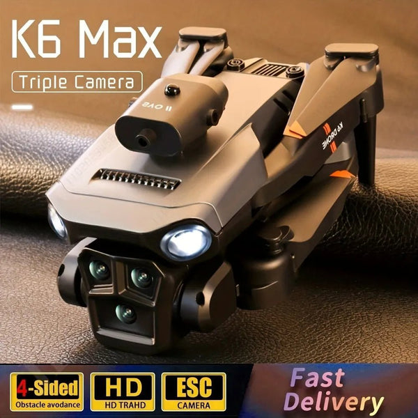 K6 MAX Triple-Camera Drone shown on a textured surface for 4K HD aerial recording features.