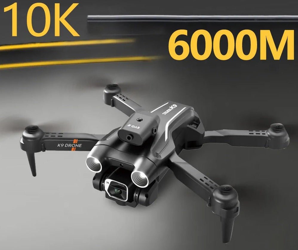 K9 Mini Drone with 10K camera shown on gray background for long-range FPV flying.