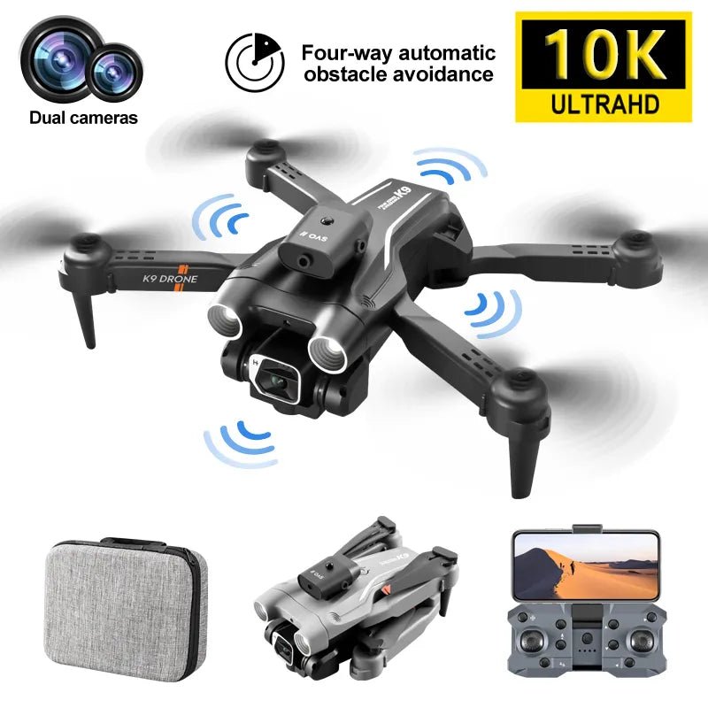 K9 Mini Drone with dual 10K cameras and active obstacle avoidance for safe FPV quadcopter flying.