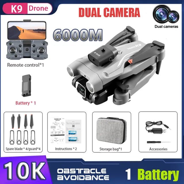 K9 Mini Drone with dual camera, remote control, battery, and accessories for FPV flying.