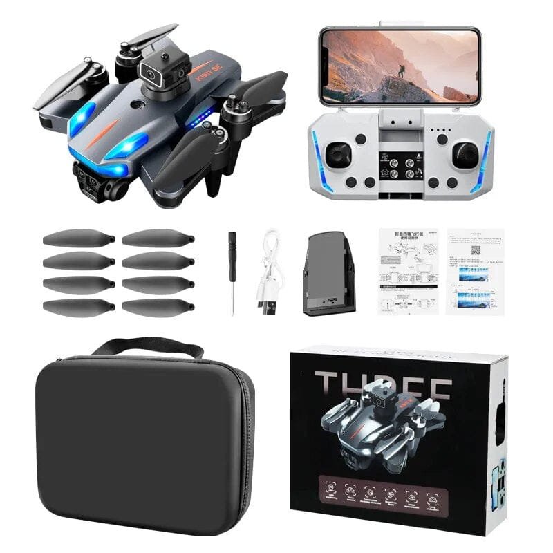 K911 SE drone full kit with remote control, spare propellers, and carrying case for travel-ready flying and gifting.