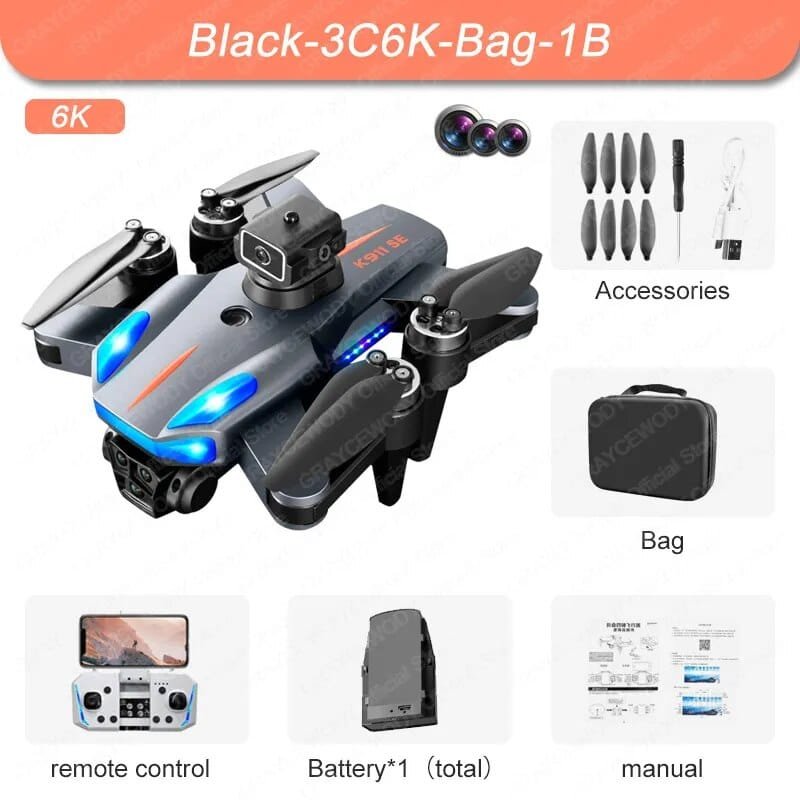 K911 SE foldable drone with arms folded beside its accessories for compact storage and quick outdoor setup.