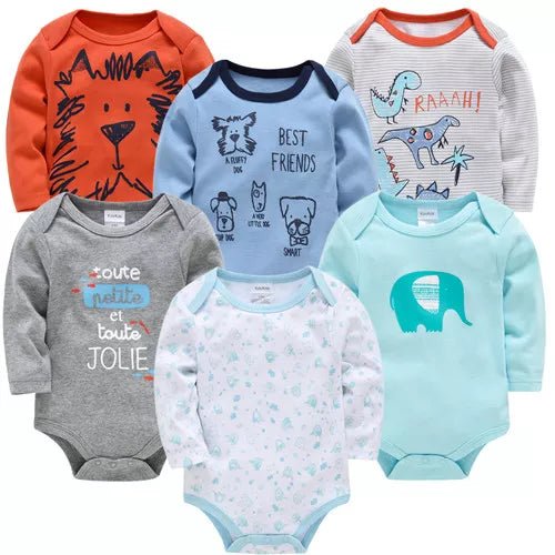 Kavkas 6PC long sleeve baby bodysuit set laid flat to show coordinated prints for daily newborn dressing.