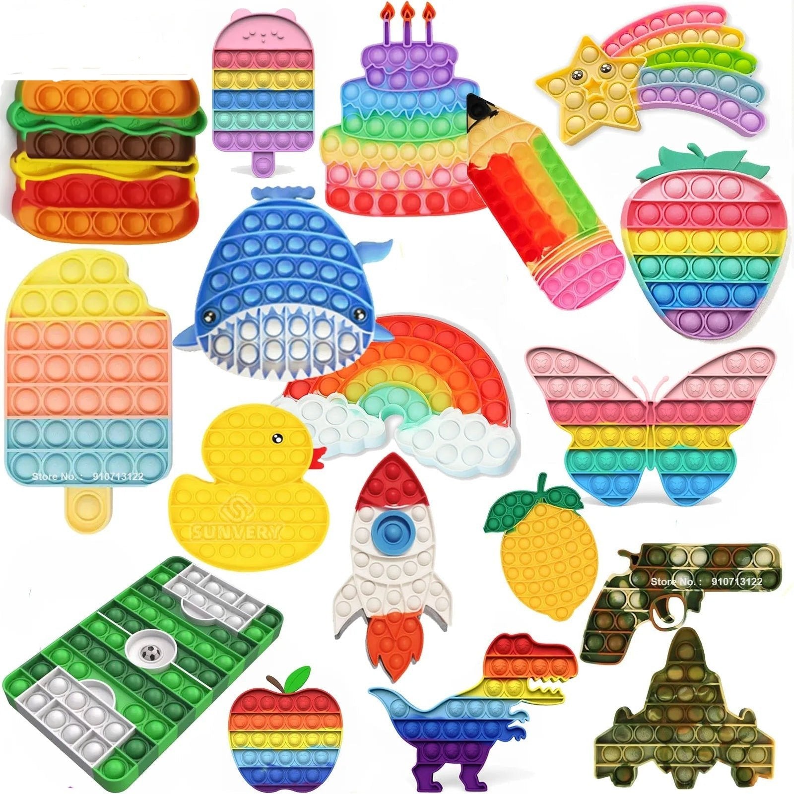 Kawaii Animal Fidget Toys collection displayed together showing assorted pop-it shapes for sensory play and gifting.