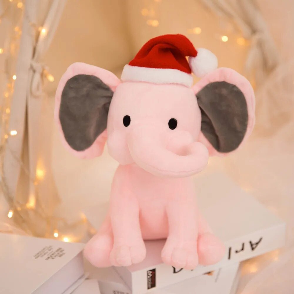 Kawaii Elephant plush toy in pink wearing a Santa hat, a cute stuffed animal gift for girls and boys.