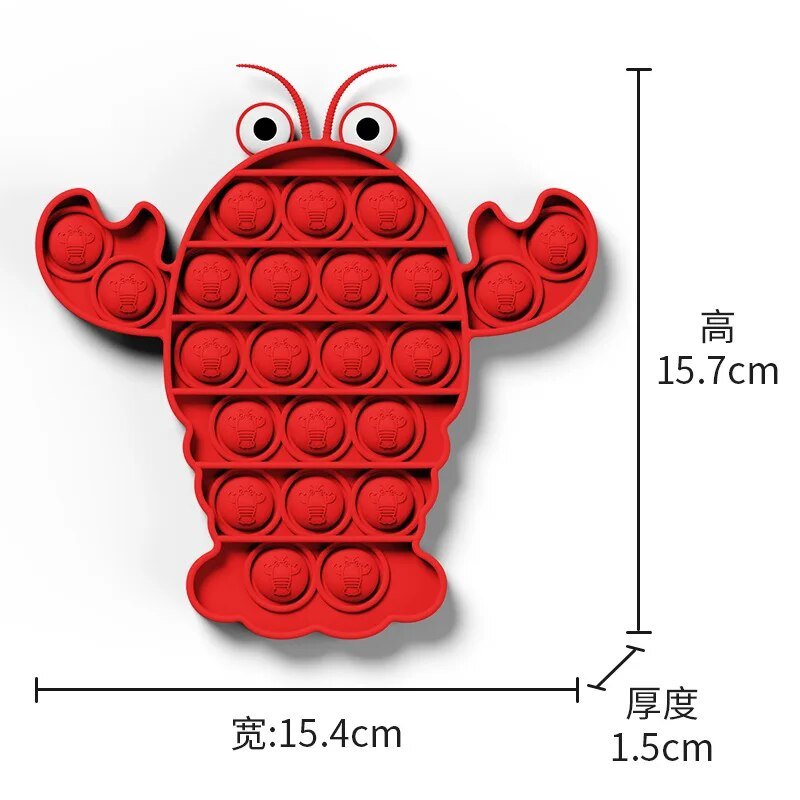 Kawaii Animal Fidget Toy shaped like a red crab with size dimensions shown for ocean-themed sensory play.