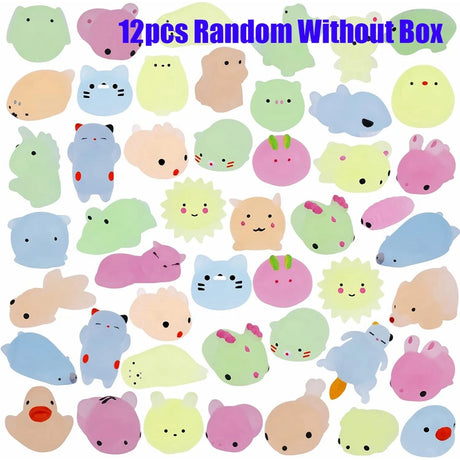 Collection of colorful animal-shaped squishies without a box, labeled '12pcs Random Without Box'.