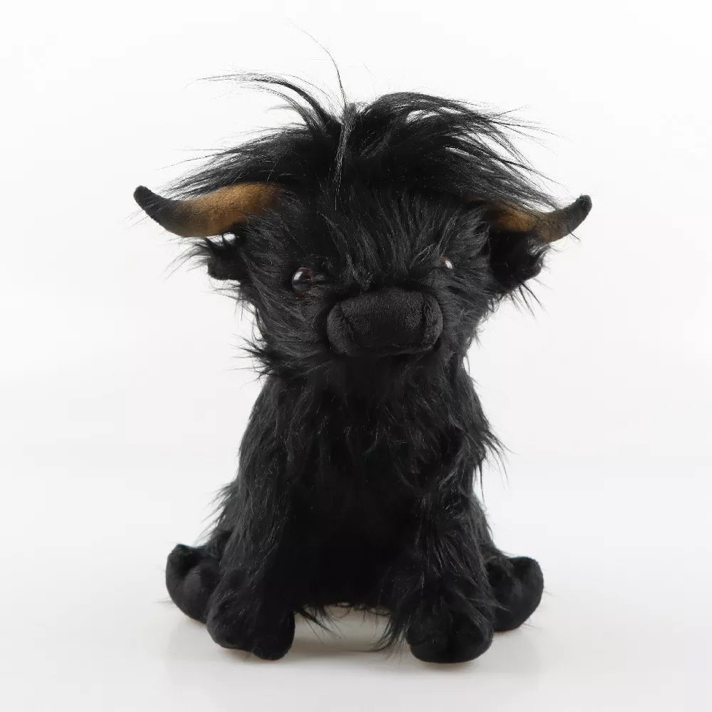Black Kawaii Highland Cow plush doll with horns, a soft cuddle toy for kids collections, birthdays and nursery decor.